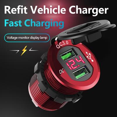 Dual Usb Qc 3.0 Car Charger Aluminum Socket Power Outlet Charger With Digital Voltage Display For 12v/24v Car Motorcycle