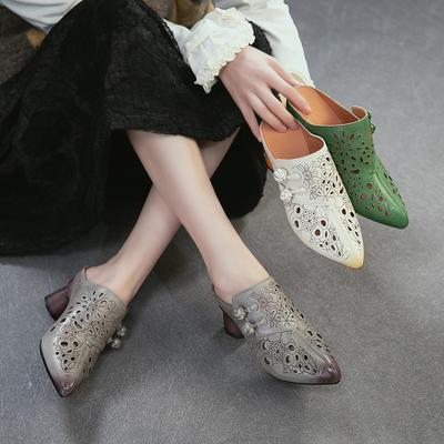 Genuine Leather Retro Ethnic Style High Heels Pointed Toe Slippers Versatile Women's Shoes