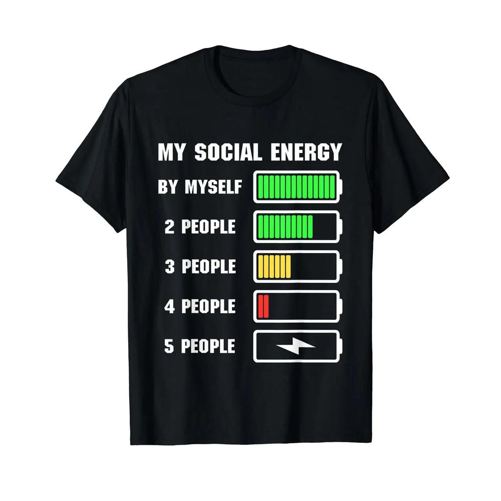 My Social Energy Low Battery Funny Introvert Anti Socialist T Shirt Black Vintage Washed Stretched Homme Casual Stylish Fashion