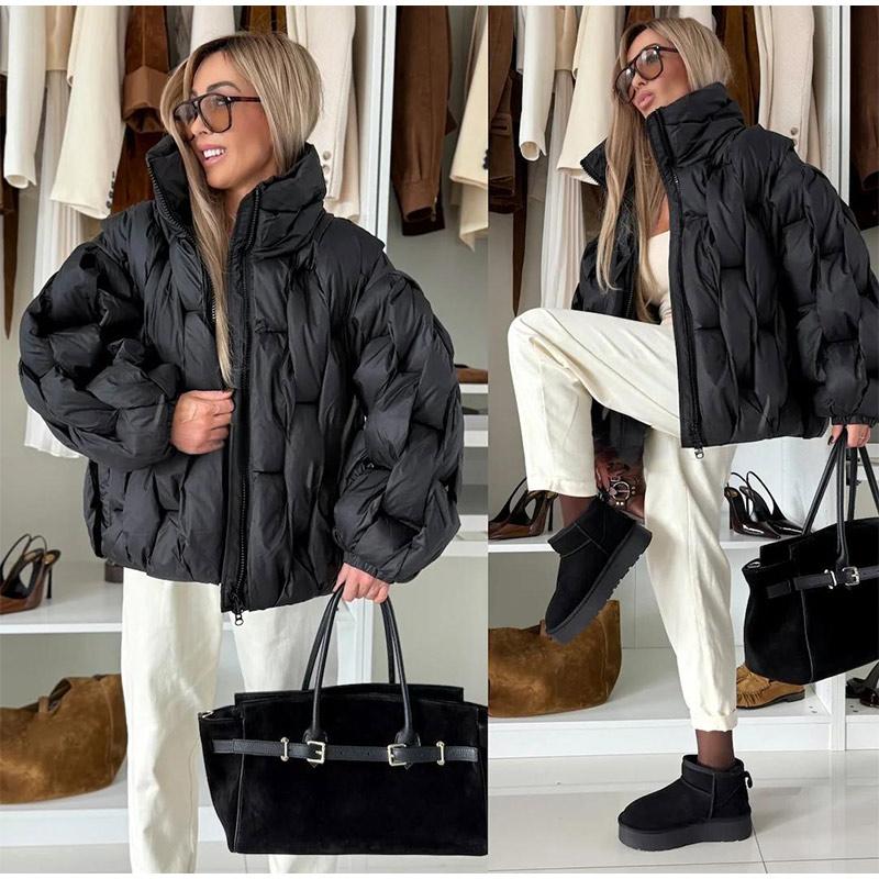 Stand-up Collar Zipper Rhombic Cotton-padded Jacket Women's Solid Color Winter Padded Jacket To Keep Warm Short Tops Colors To Choose From Jackets