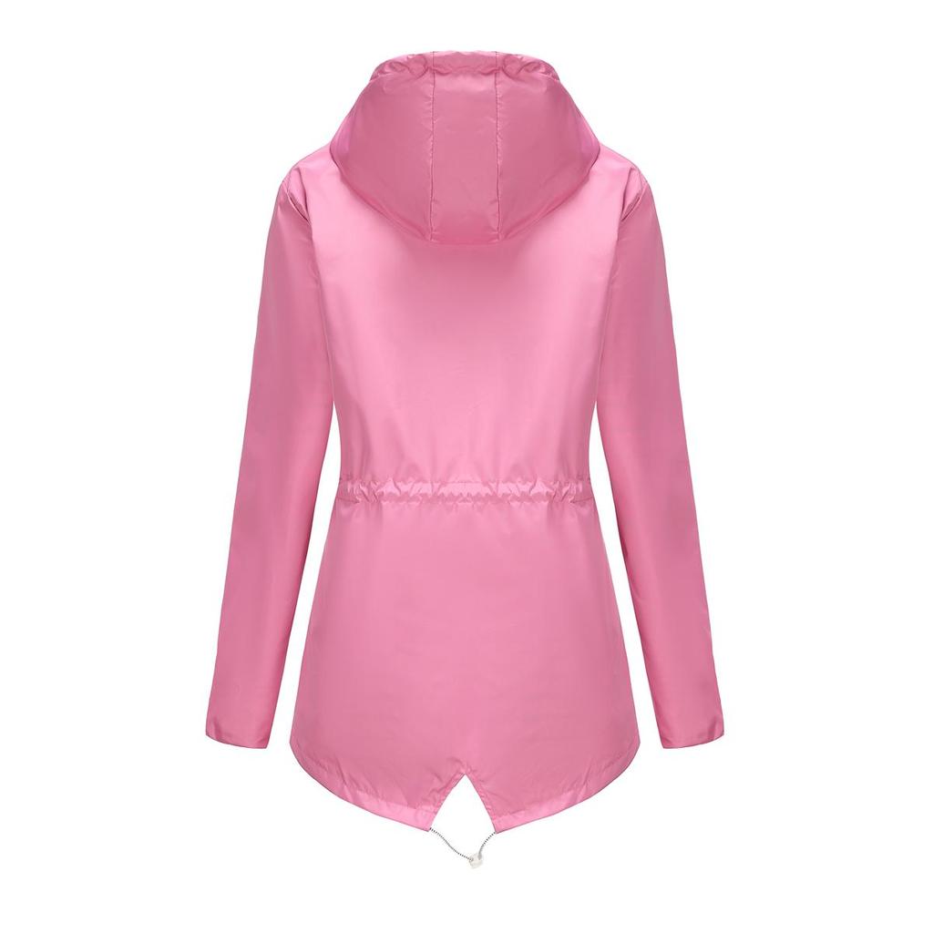 Kadın Kapşonlu Windcheaters Şerit İpli Su Geçirmez Rüzgarlık Uzun Kollu Büyük Boy Gevşek Yağmurluk Orta Uzunluk Fermuar Rüzgar Geçirmez Ceketler