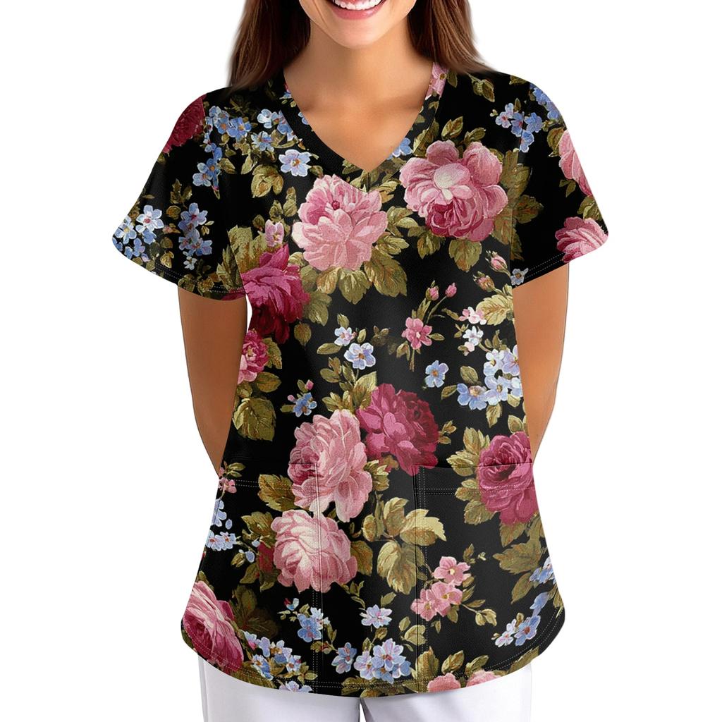 Top da Lavoro Stampato da Donna con Scollo a V, Vestibilità Larga, Manica Corta, con Tasca, Fantasia Floreale, Leggero, Camicia da Uniforme per Infermieri
