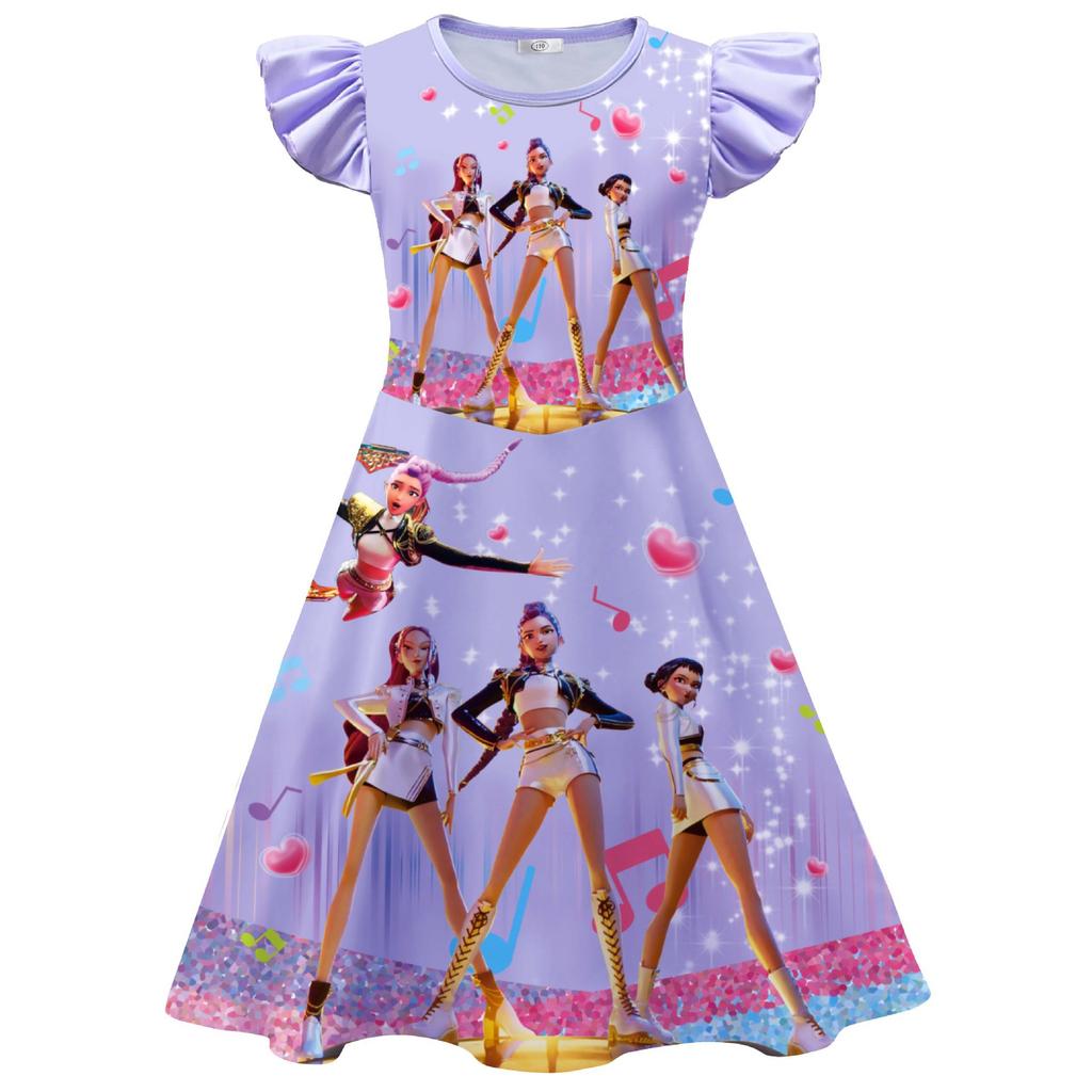 New Demon Slayer Costume Print Girls' Flutter Sleeve Milk Silk Dress