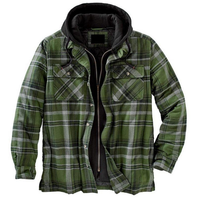 Men's Clothing European and American Autumn and Winter Thickened Cotton-padded Plaid Long-sleeved Loose Hooded Jacket