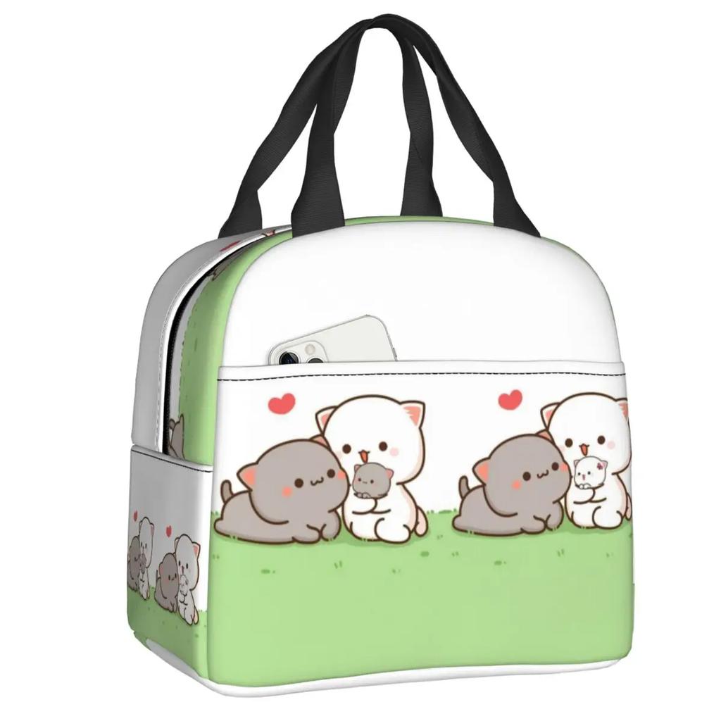 Peach and Goma Insulated Lunch Bags for Work School Picnic Cartoon Mochi Cat Leakproof Cooler Thermal Lunch Box for Women Kids