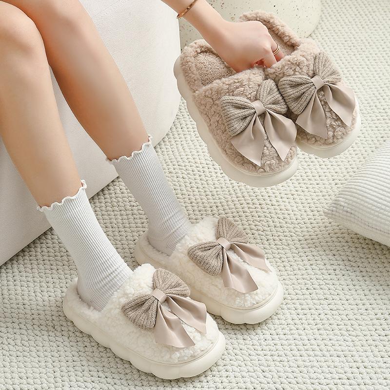 Bow-tie fluffy slippers winter cute indoor home home thick bottom plush warm cotton mop