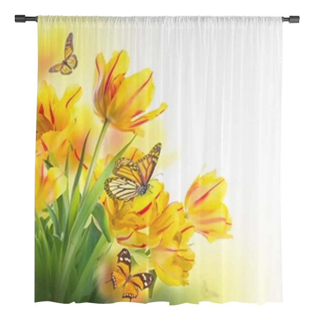 Red Tulips And Butterfly Sheer Curtains Bedroom Voile Curtain Living Room Window Sheer Curtains Kitchen Tulle Drapes