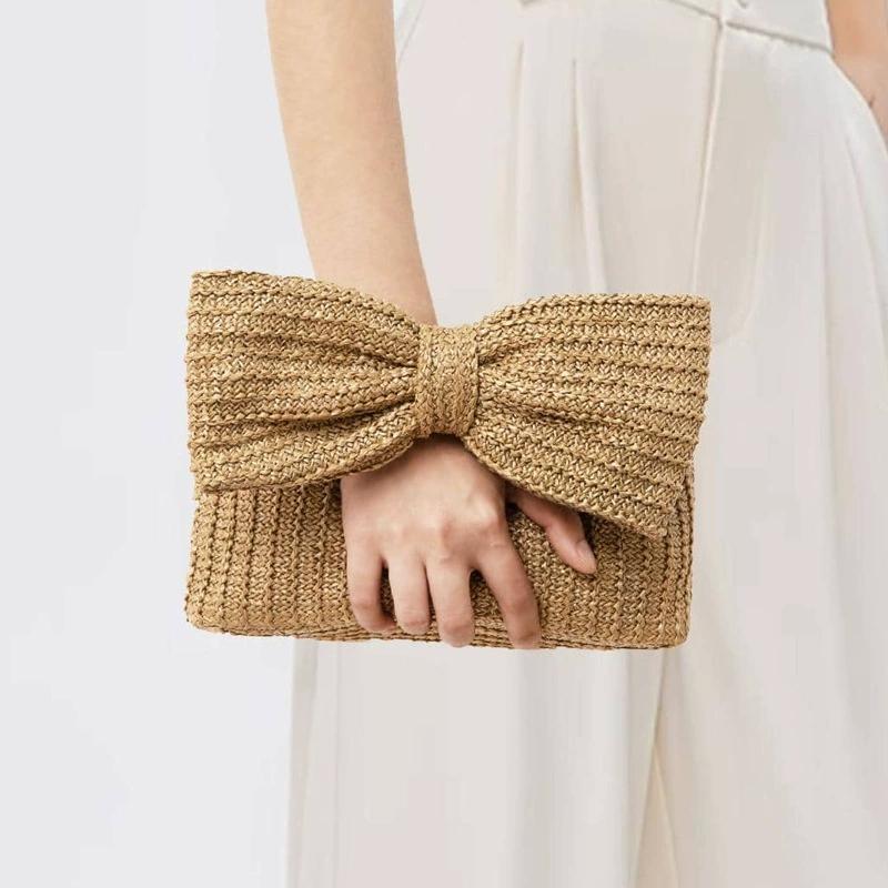 Chic Bowknot Straw Handbag for Women Summer Stylish Design Woven Clutches Cute Purse Suitable for Daily Use Party Holiday Travel