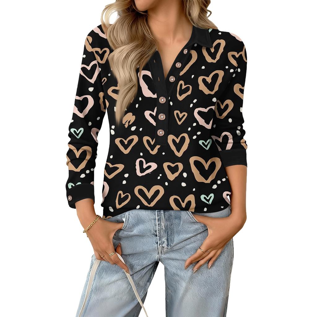 Damen Retro Street Lässiger V-Ausschnitt Langarm Knopf Valentinstag Herz Pullover Top