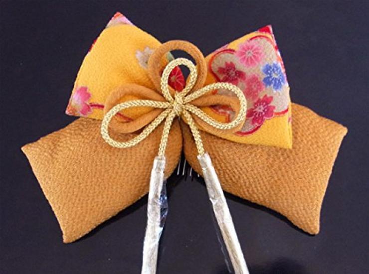 Ornement de cheveux, crêpe de soie pure, motif japonais (jaune et or) accessoire de cheveux à ruban