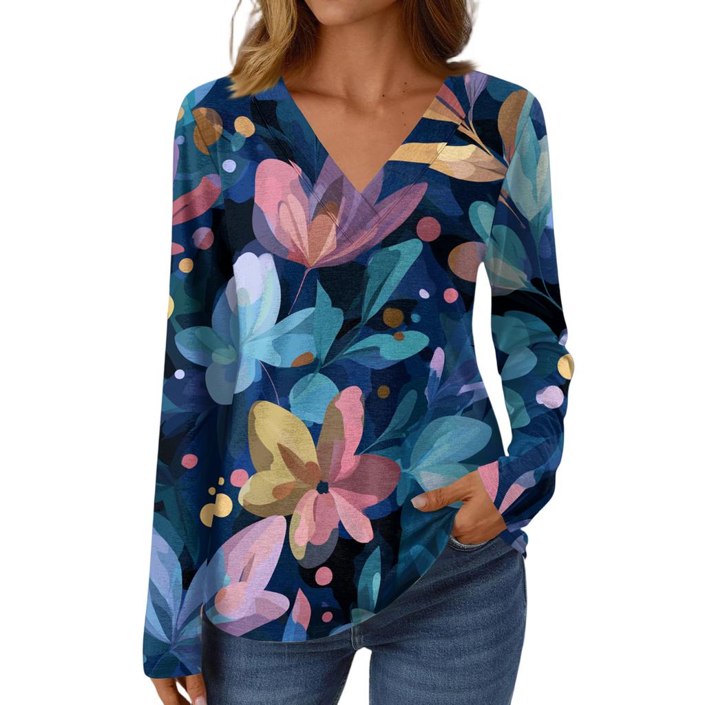 Women's Casual Fashion Brushed Retro Floral Print Long Sleeve V-Neck Top T-Shirt