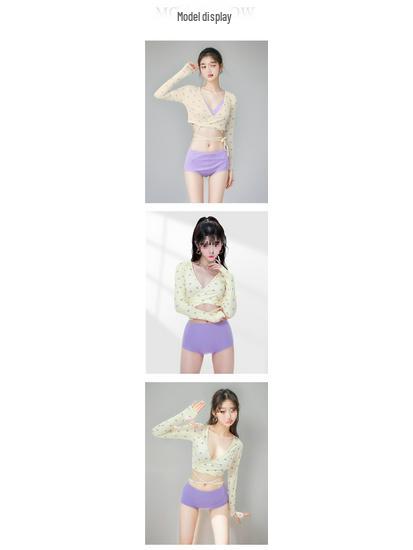 Women's Purple Long-Sleeve Three-Piece Swimsuit Set - High-Waisted, Slimming, Sun-Protective, Split Design.