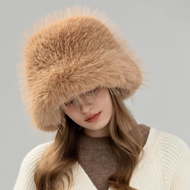 New Imitation Fox Hair Bucket Hat Women's Autumn and Winter Fashion Versatile Thickened Warm Plush Top Hat Japanese Show Small Face