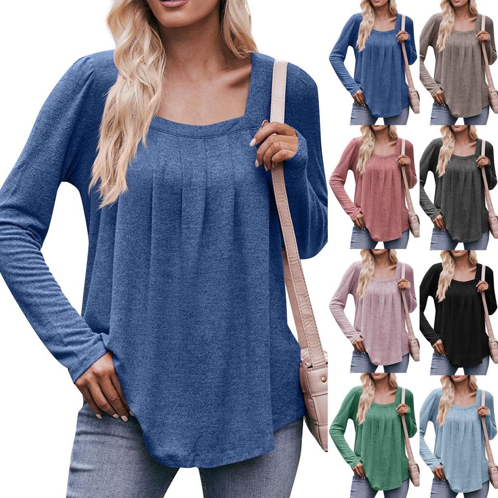 Women's Casual Solid Color Bubble Sleeve Square Neck Pleated Long Sleeved Top Top