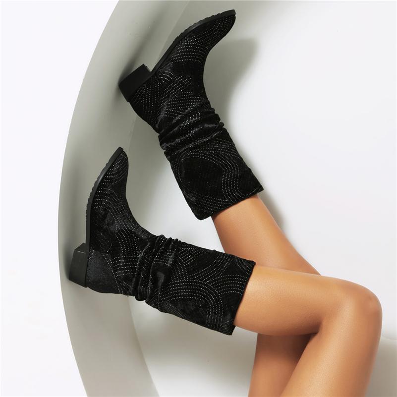 Dámské kozačky do půli lýtek s kulatou špičkou Tlusté nízké podpatky plisované křišťálové stručné značkový design dámská móda obuv zimní černá 46