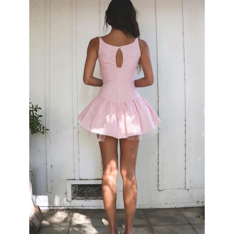 Faitpar Romantic Girl Sweet Style Honey Pink Color Stripes Mesh Cinched Figure Flattering Puffy Dress Sling Dress