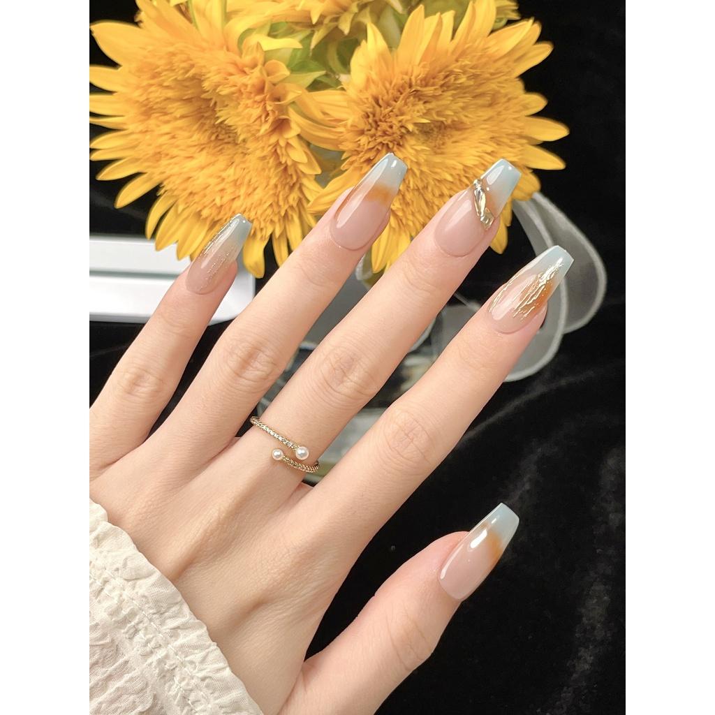 Handmade Ice Transparent Marble Patterned Nail Stickers For Women Long Style Removable Forest Mist Color