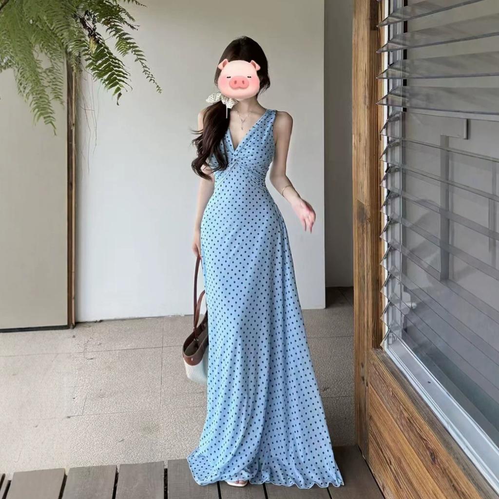 French Retro Blue Polka Dot V-neck Sleeveless Long Dress, Summer Lazy Wind Atmosphere, Island Vacation Wear Long Dress