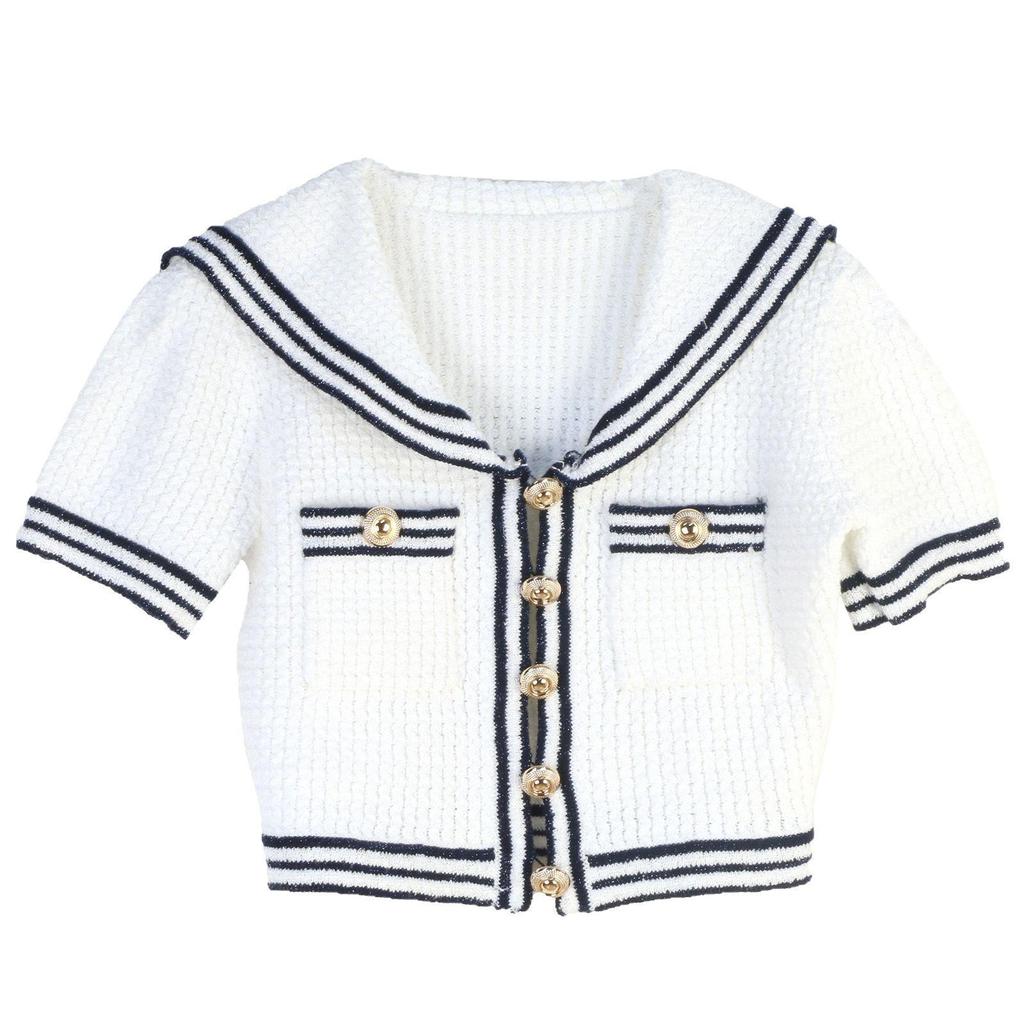 Spring/Summer 2025 Navy Collar Slim Fit Knit Set with A-line Skirt