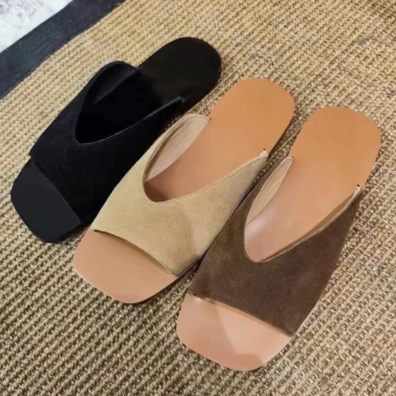 Fashion High Quality Faux Suede Square Toe Designer Brand Sandals Women Summer Sexy Open Toe Flat Sandal Comfortable Vacation Beach Shoe