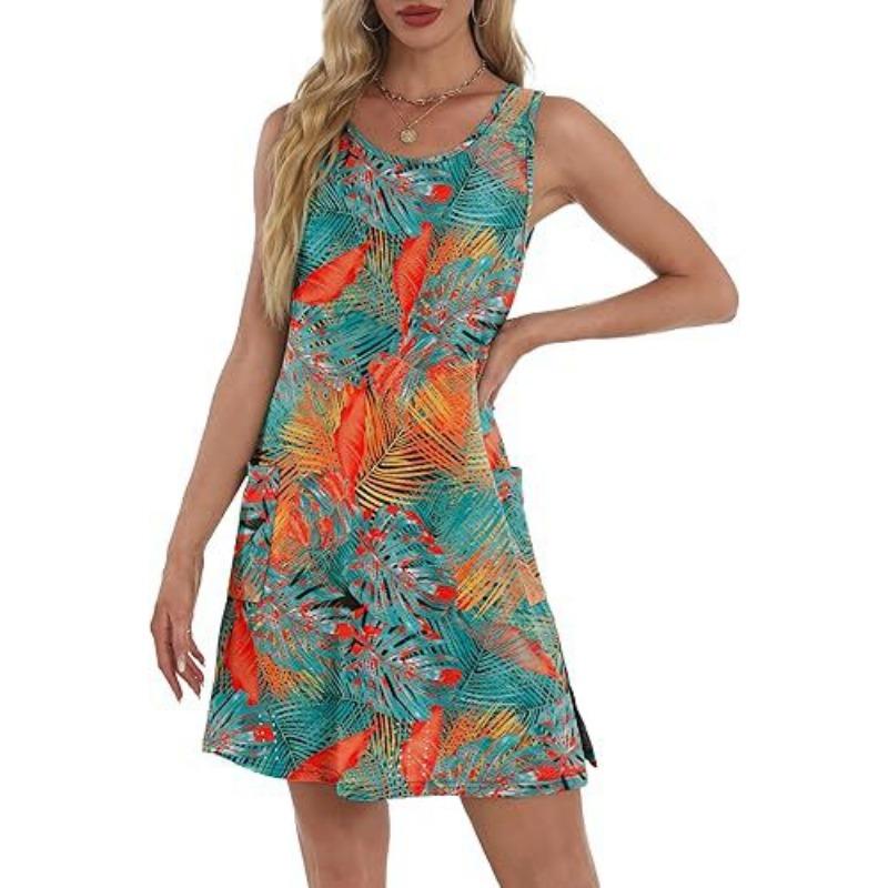 Women's Print Casual Sleeveless Vest Pocket Dress