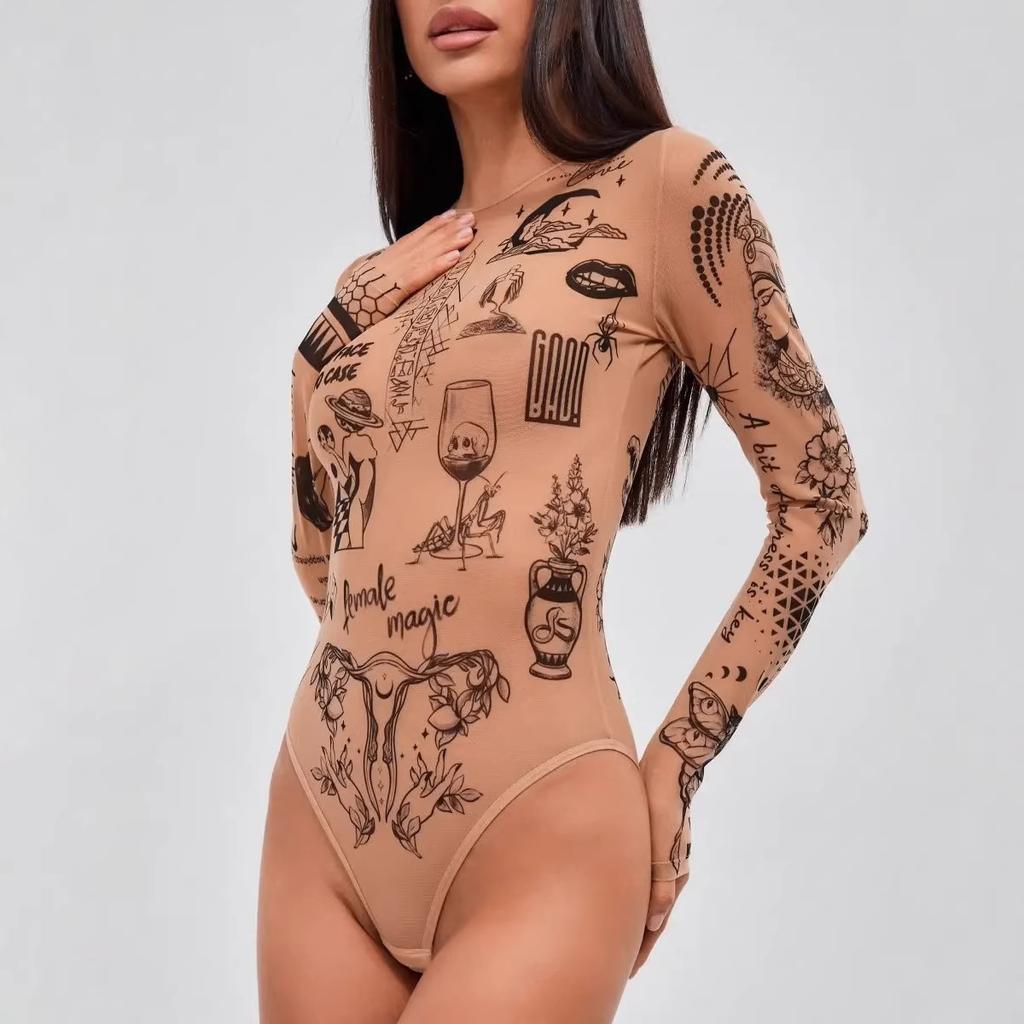 D9968 Amazon Europe and the United States Hot-selling Women's Clothing, Fashionable and Sexy Printing Long-sleeved Crew Neck Tight High-waisted Onesie