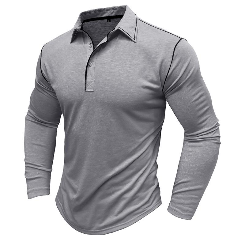 Fashion men s long sleeve polo shirt sports solid colour men s henley shirt lapel t-shirt tops S серый
