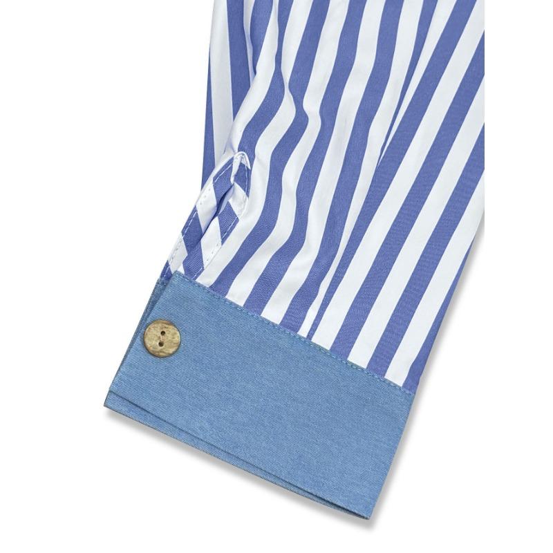 Women Color Block Stripe Splicing Loose Long Sleeve Collared Shirt