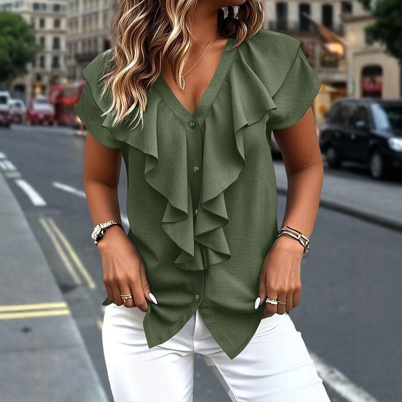 Women's V Neck Ruffle Short Sleeve Chiffon Blouse Solid Color Loose Summer Office Top