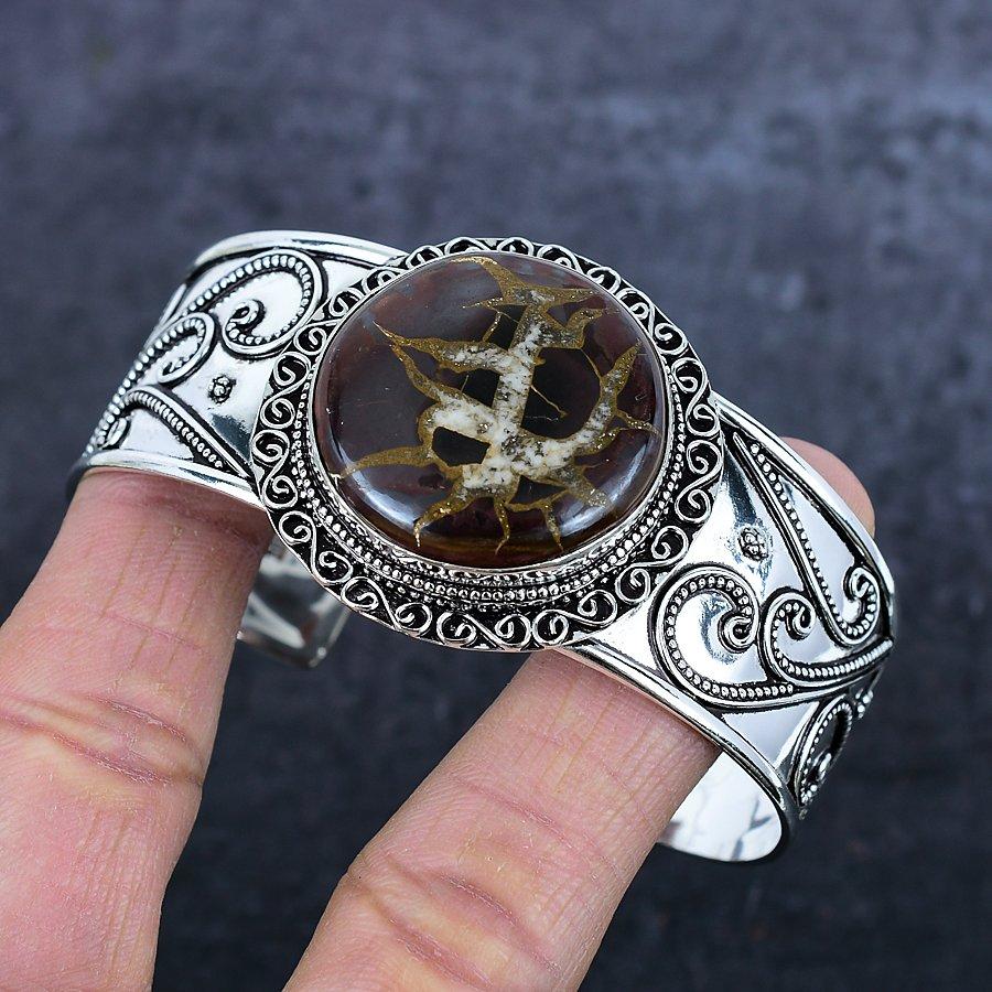 Mud Crack Fossil Gemstone 925 Sterling Silver Cuff Bangle Adjustable m8B81