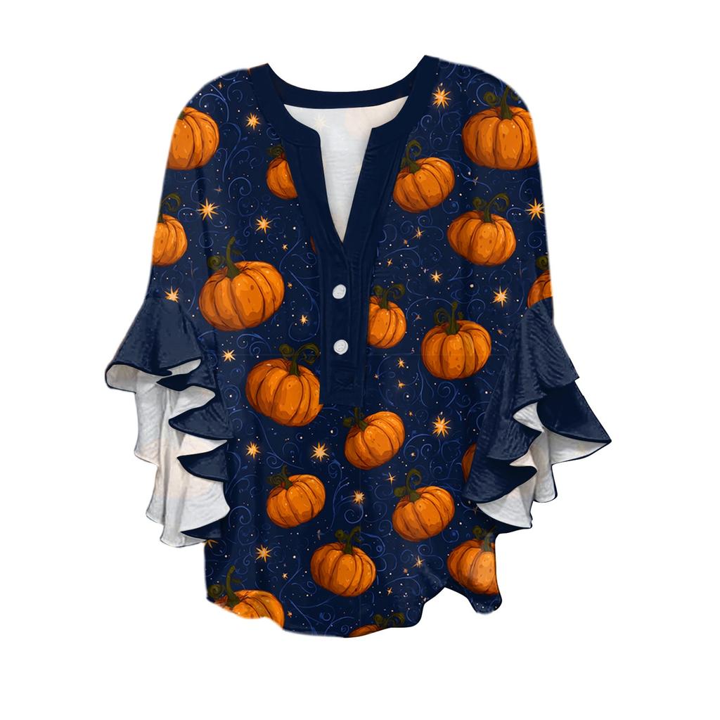 Women's V-neck Seven Quarter Sleeved Shirt Halloween Printed Top Casual Shirt