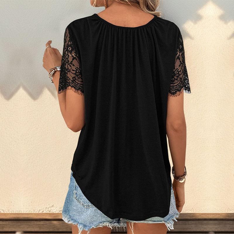 Letnia damska koszulka z dekoltem w serek, luźna, koronkowa, z krótkim rękawem