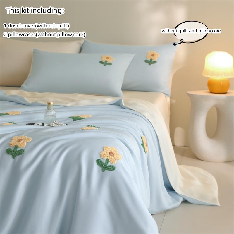 

3pcs Blue Duvet Cover Set (1*Duvet Cover + 2*Pillowcase, Without Core),Sun flowers embroidery Bedding Set, Soft Comfortable 135x200cm 3pcs