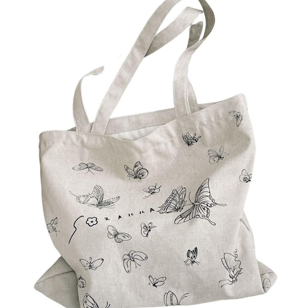 Trendy Printed Butterfly Canvas Tote Bag For Women Street Fashion Medium Size