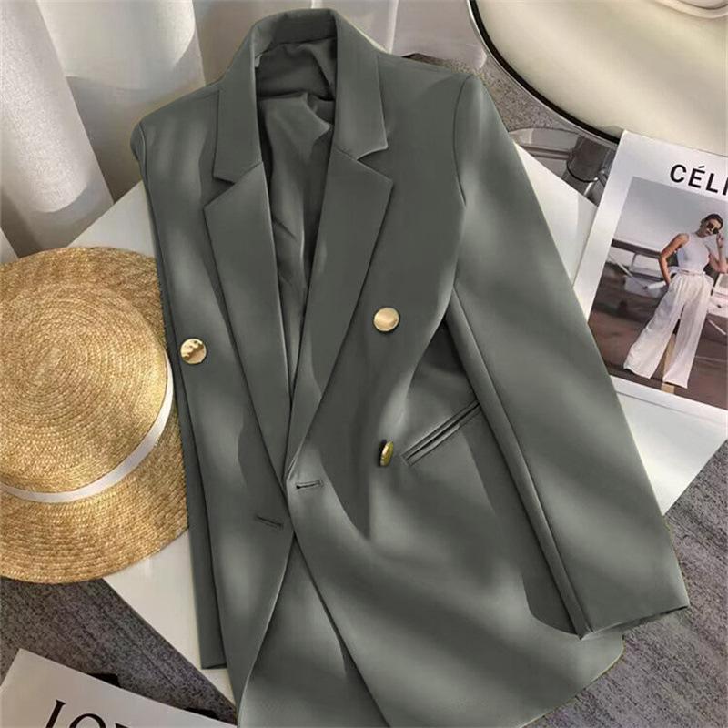 Women Long Sleeve Blazer Jacket Lapel Double Breasted Gold Button Loose Fit Office Casual Suit Outerwear Coat