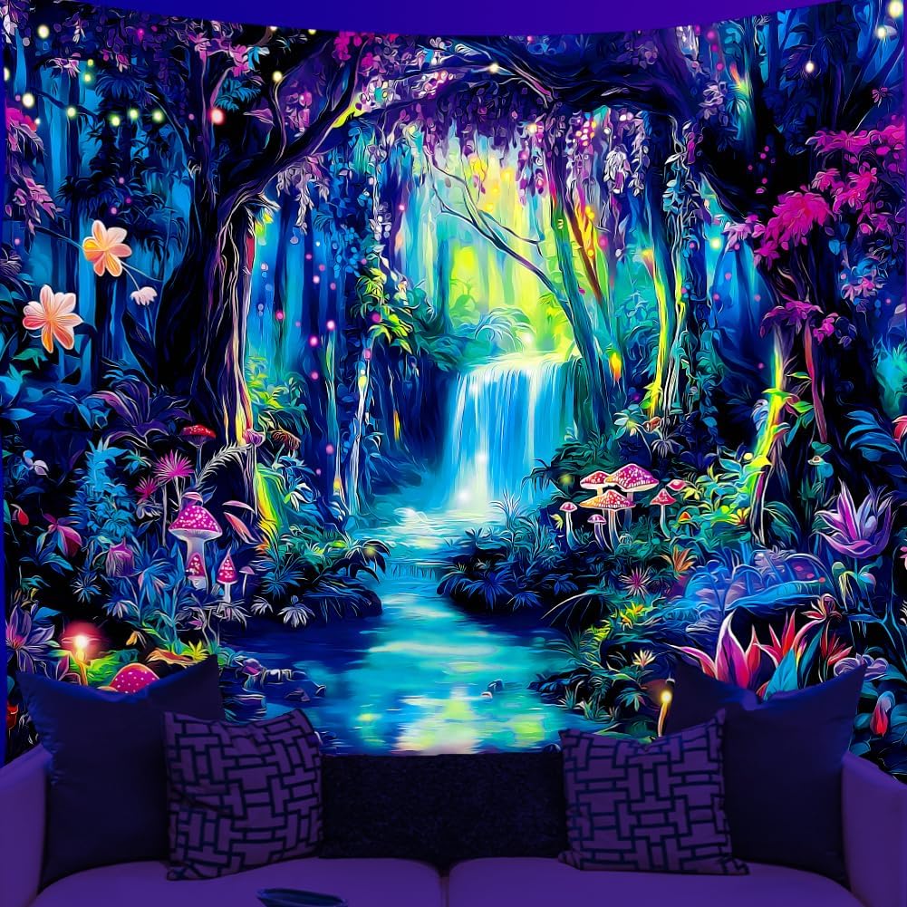 WEBEEDY Blacklight Magical Forest Tapestry Floral Plants Waterfall Tapestry Wall Hanging UV Reactive Glow In The Dark, Blacklight Poster for Bedroom L 100X70CM
