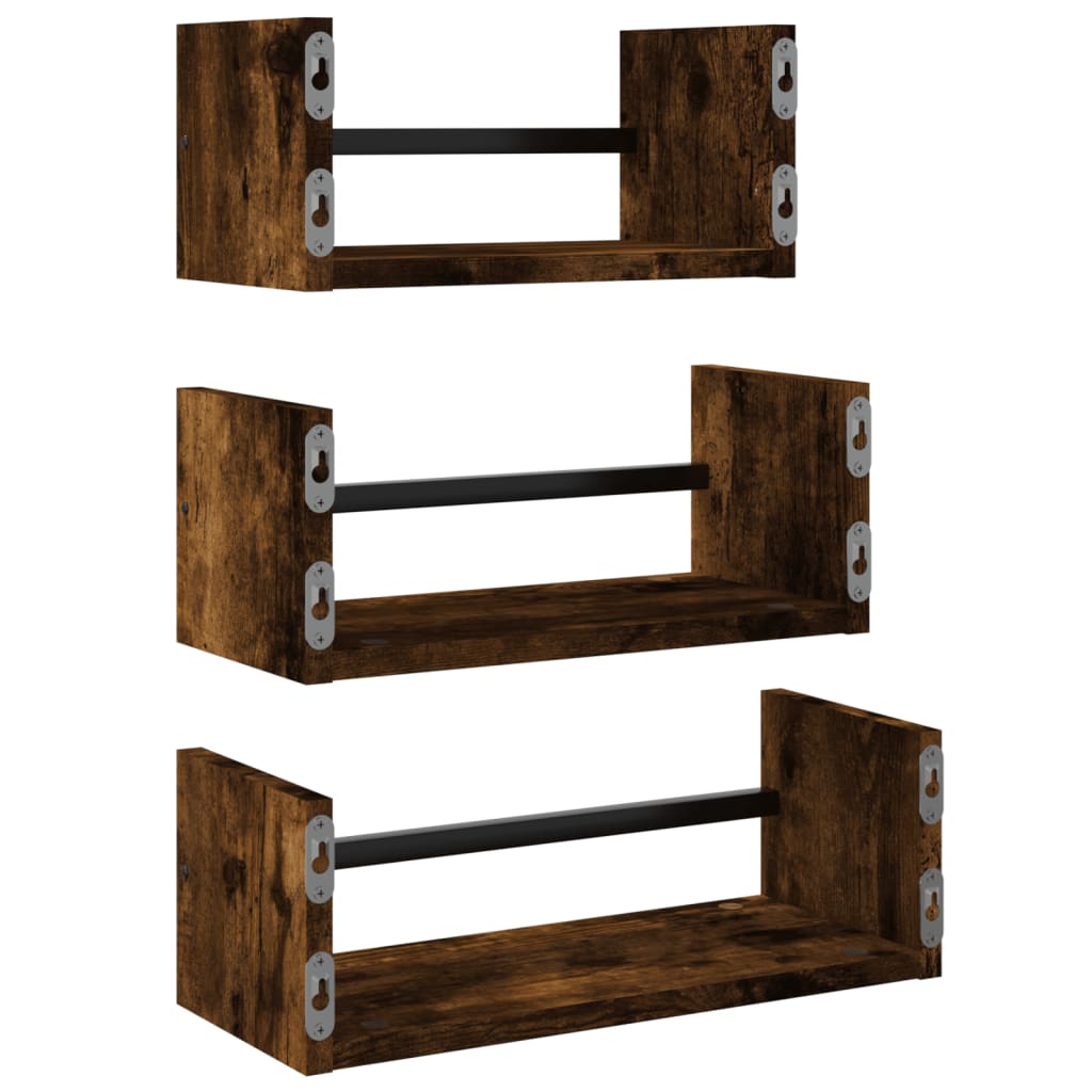 3 Piece Wall Shelf Set with Bars Smoked Oak Wood Based Material