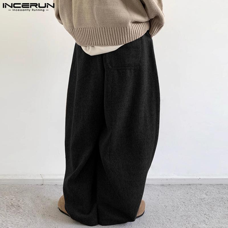 INCERUN Pánské jarní kalhoty s texturou, ležérní volné dlouhé kalhoty s elastickým pasem na stahovací šňůrku a kapsami