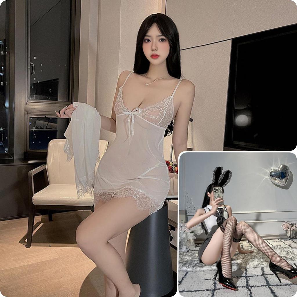 Průsvitná krajková noční košilka a svůdný síťovaný županový set pro ženy