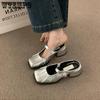 Fransk Stil Elegant Enfärgad Stängd Tå Slip-ons Stor Storlek Låg Tjock Klack Konstläder Enkla Skor