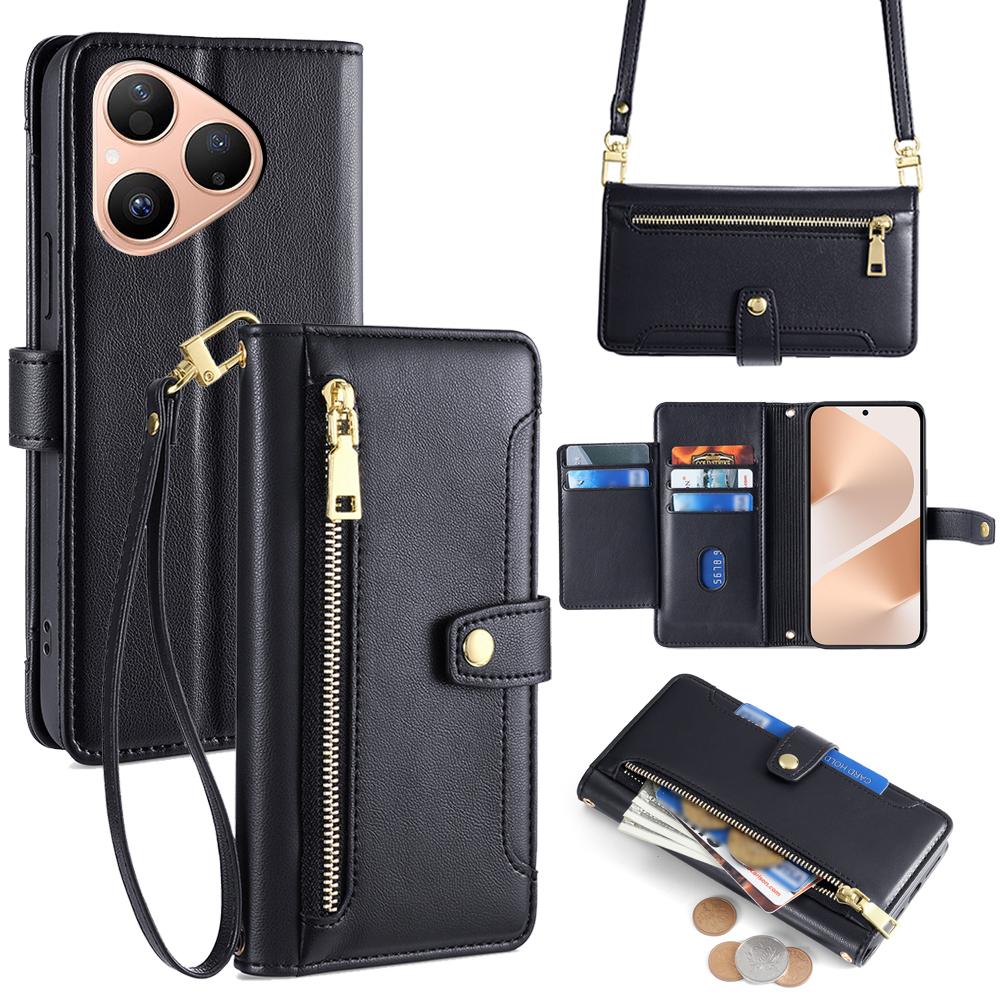 For Huawei Pura 80 Leather Case Zipper Pocket Wallet Phone Cover with 2 Straps