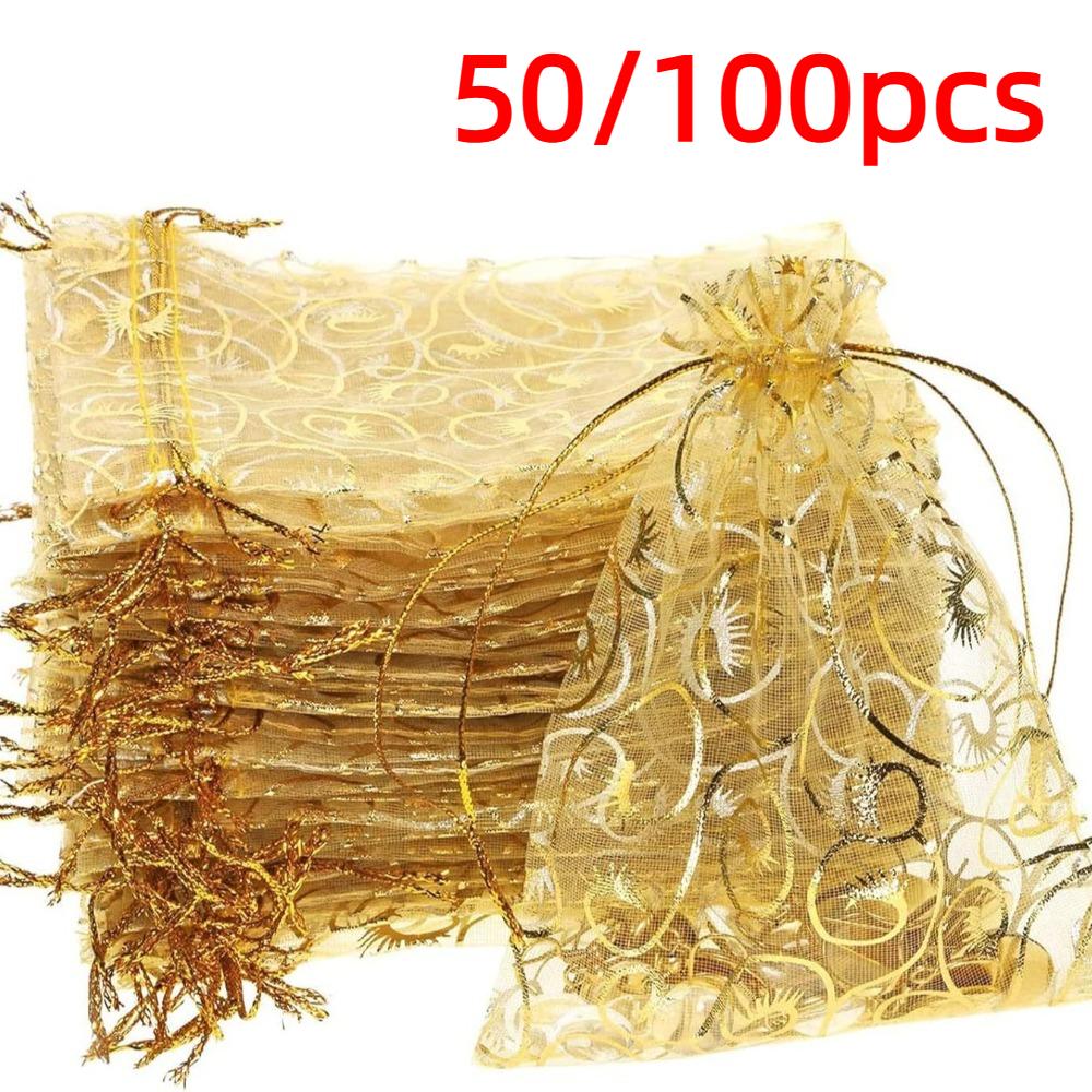 50/100pcs Organza Wedding Party Favor Gift Bag Gold Candy Gift Packing Bags  Wedding Candy Gift Bags
