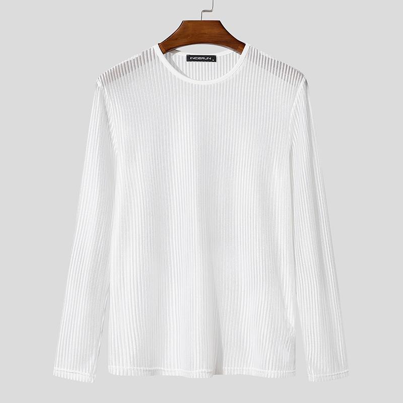 INCERUN Men Long Sleeve Striped Mesh See Through Skinny Party Club T-shirts Tops