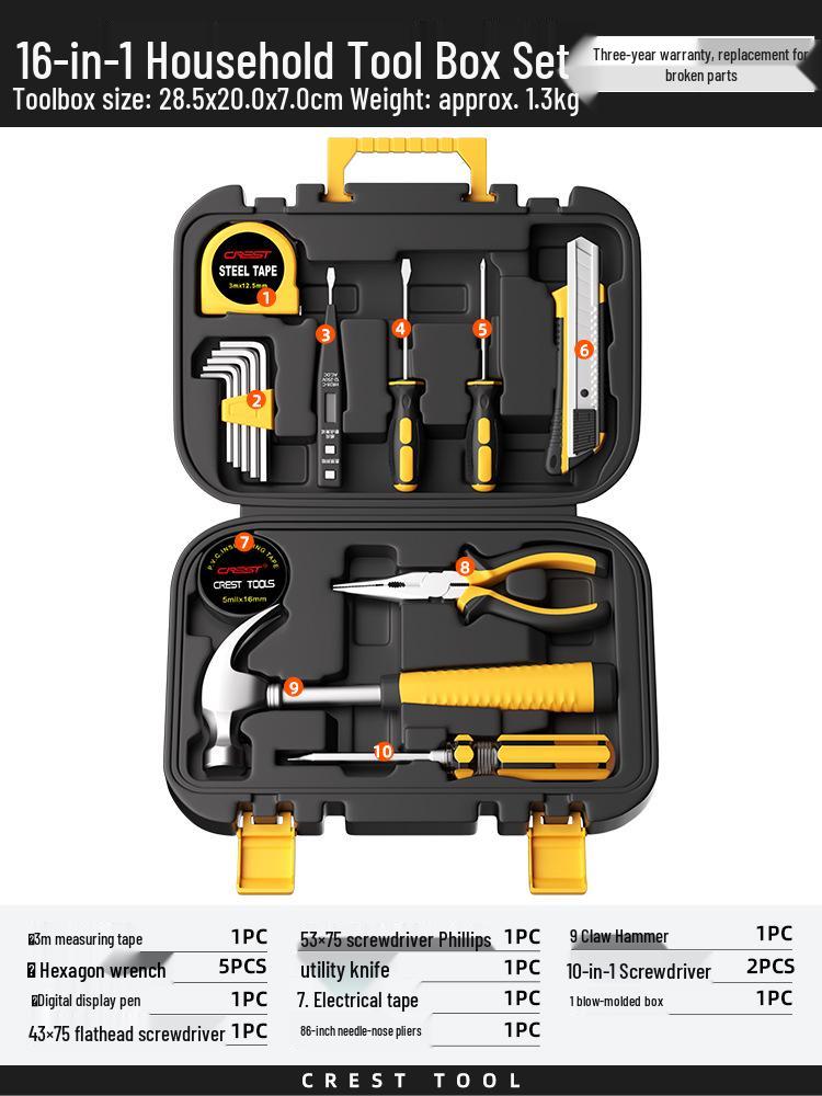 Household Repair Tool Set: Pliers, Hammer, Wrench, Combination Box