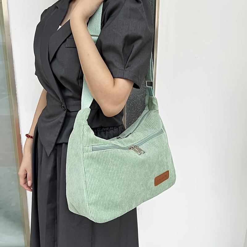 Casual Corduroy Shoulder Bag for Women with Adjustable Strap, Striped Urban Tote with Zipper Closure Handbag with Polyester Lining