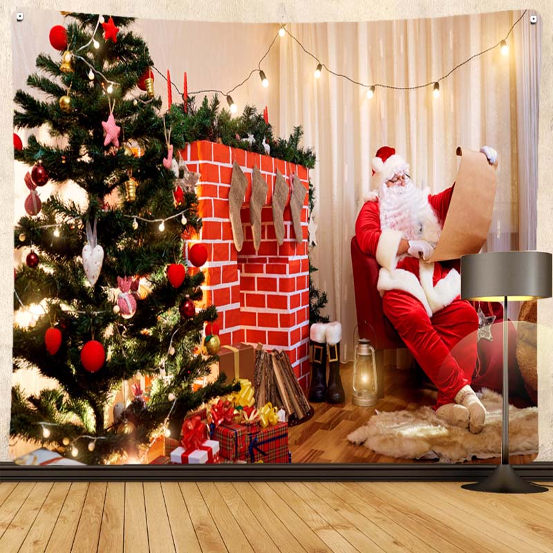 Merry Christmas Santa Claus Fireplace Print Pattern Tapestry Home Living Room Bedroom Decoration Background Cloth Tapestry
