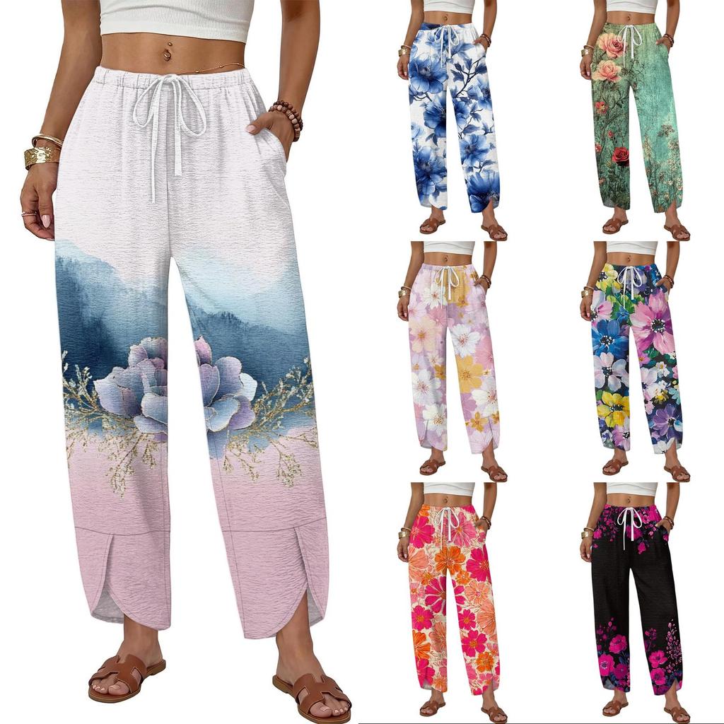 Women Casual Straight Leg Wide Leg Loose Fit Drawstring Floral Print Pants Lightweight Comfortable Trousers for Daily Wear