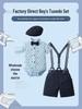 Conjunto de Macacão de Verão Estilo Britânico para Meninos 2024 com Chapéu – Roupa de 3 Peças com Manga Curta