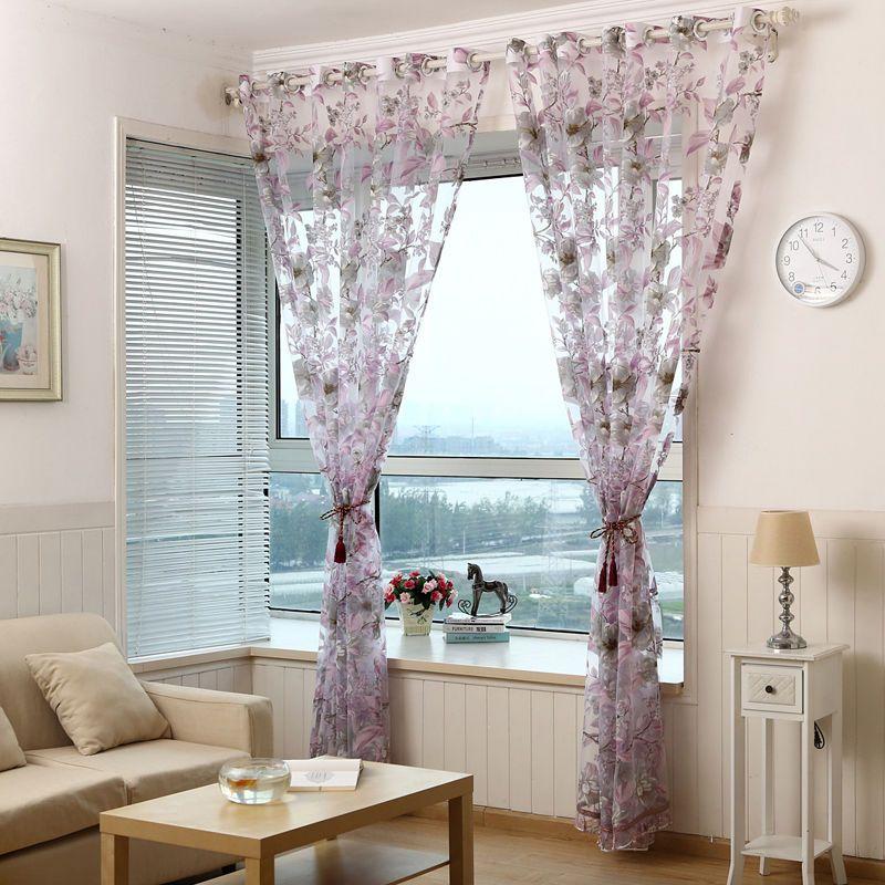 Purple Floral 1pc Sheer Curtain Panel - Light-Filtering, UV Protective Polyester with Rod Pocket Design for Living Room & Bedroom Privacy
