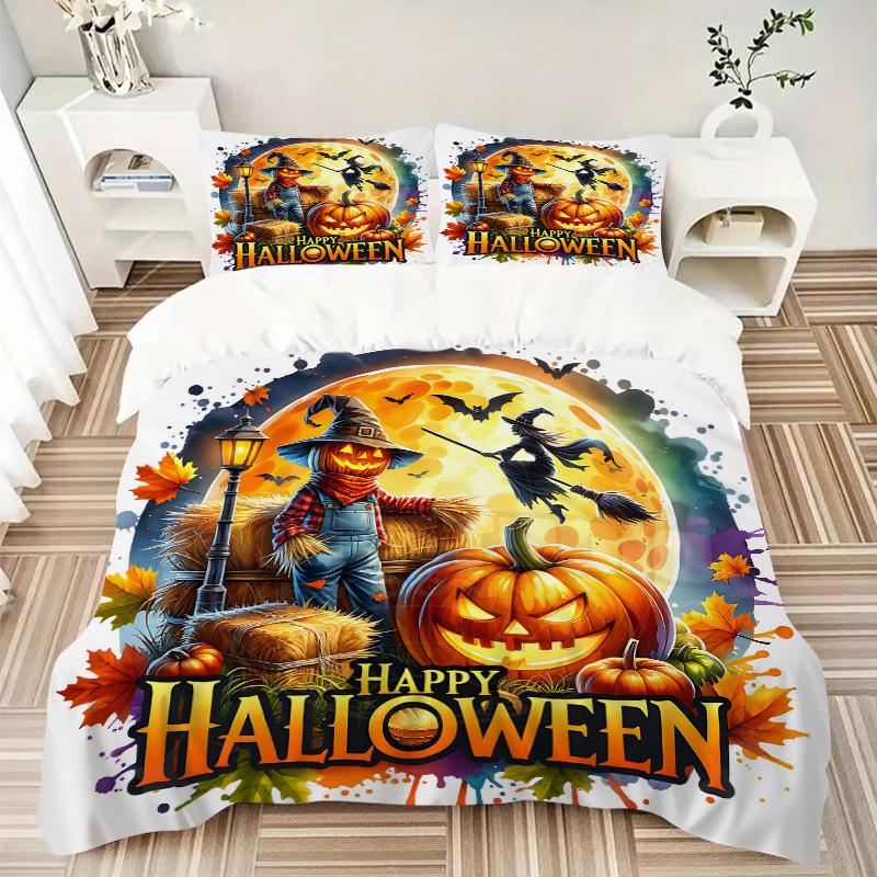3pcs Scarecrow Halloween Design Quilt Cover Set (1 Quilt Cover + 2 Pillowcases Without Pillow Core), High-Definition Printing for Home and Dormit